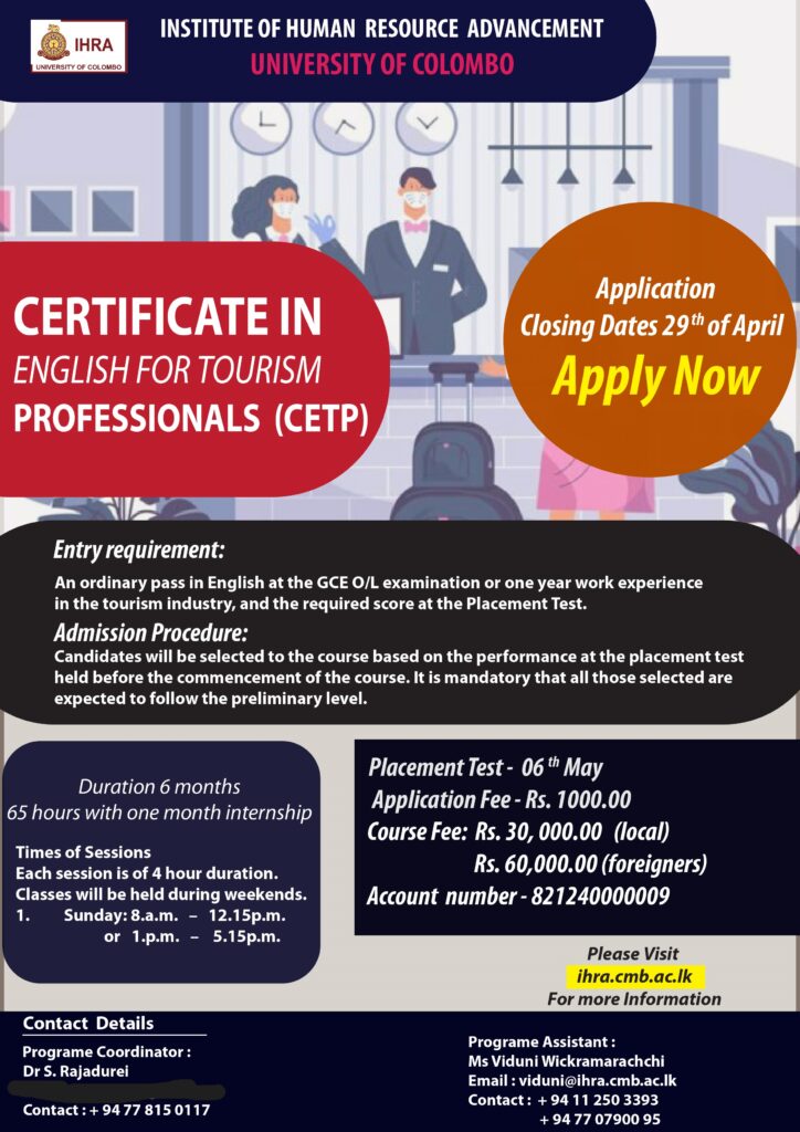 Application Calling for Certificate in English for Tourism Professionals (CETP)