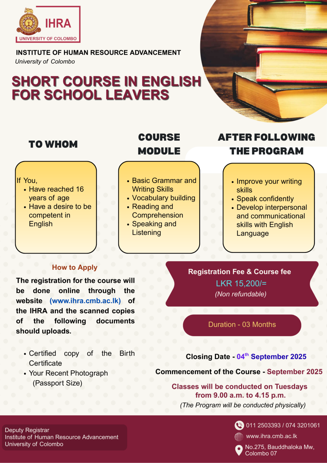 Application Calling for Short Course in English for School Leavers ...