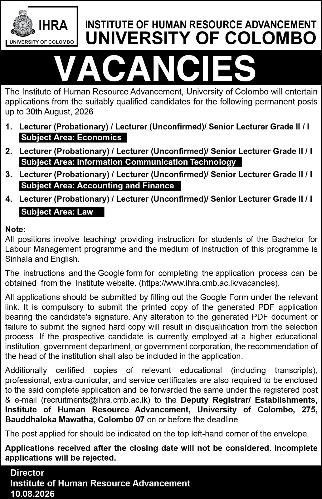 Post of Lecturer (Probationary)/Lecturer (Unconfirmed)/Senior Lecturer GII/GI – IHRA